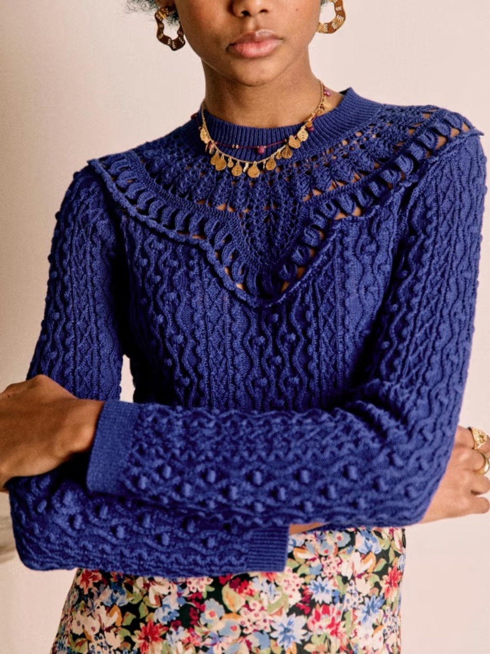 Sézane Alessandro Jumper Bright Blue Organic Cotton Crochet Cable Knit XXS